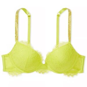 NWT Victoria’s Secret Rhinestone Strap Bright Yellow Lace Push Up Bra | 32DDD